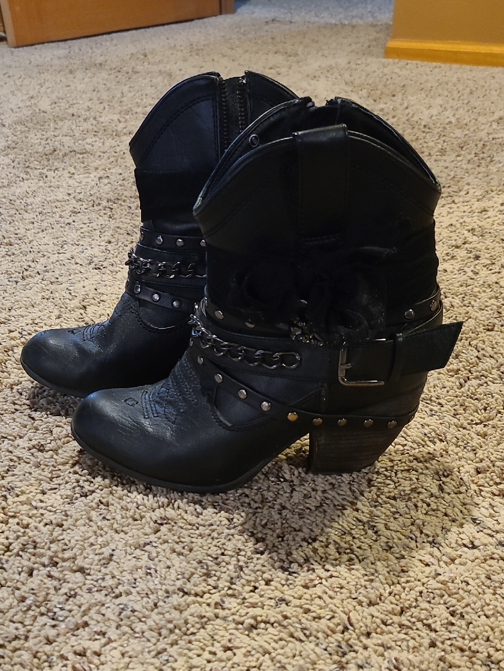 Not Rated Black Studded Western Ankle Boots with Chain & Buckle